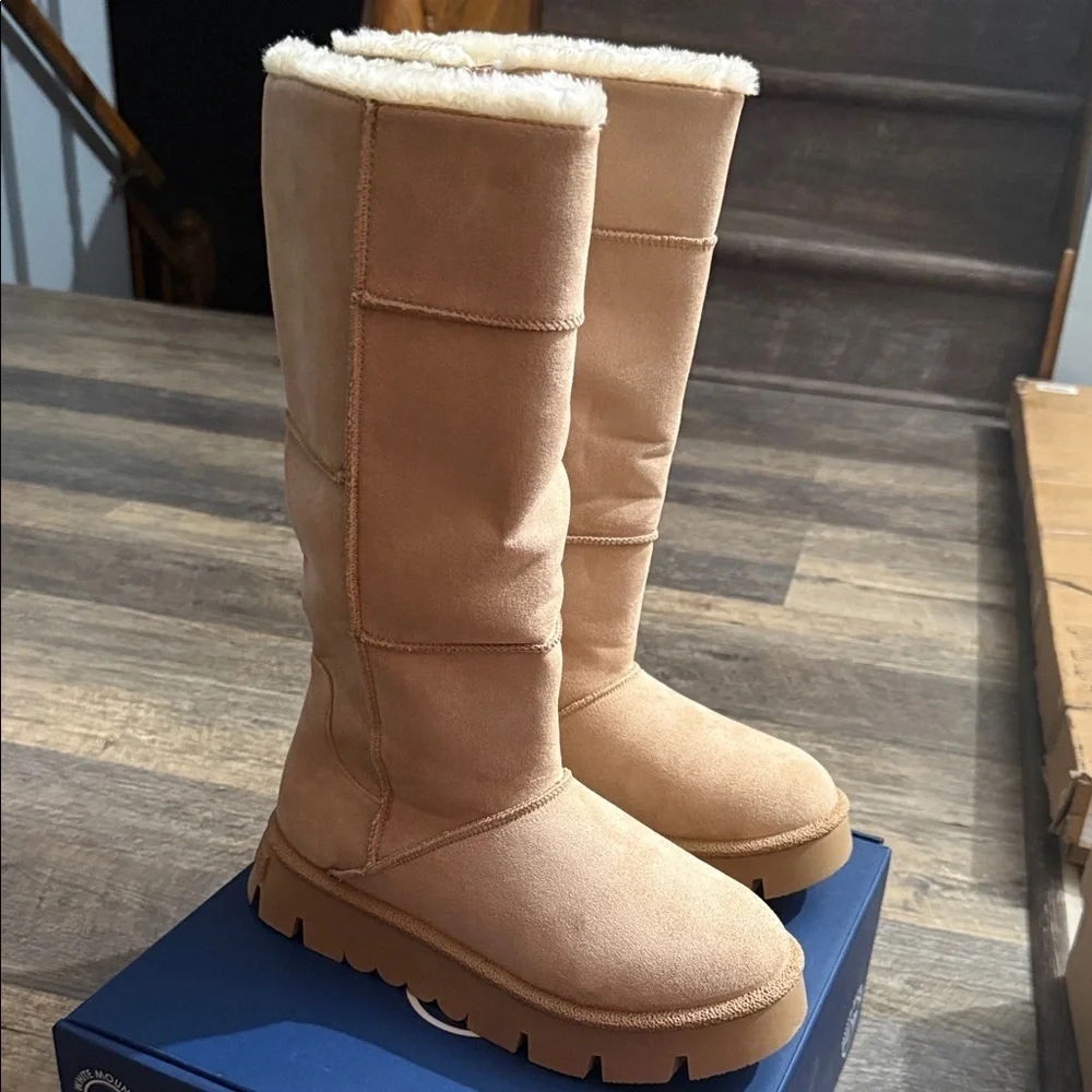 White Mountain Beige Knee-High Boots with Faux Fur